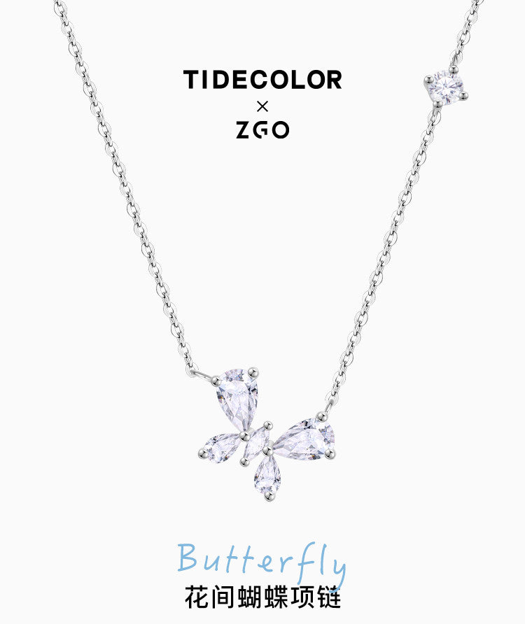 Butterfly Flower Zircon 925 Sterling Silver Necklace