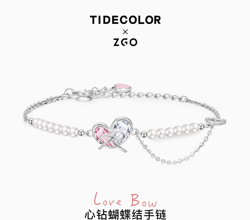 Butterfly Heart Bow 925 Sterling Silver Pearl Zircon Bracelet