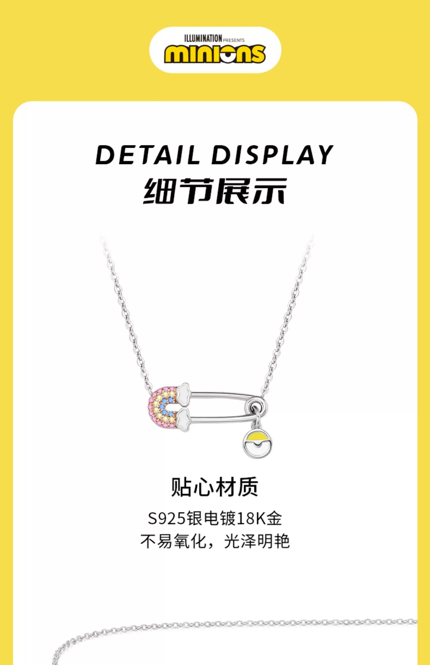 Minions Rainbow Pin 925 Sterling Silver Necklace