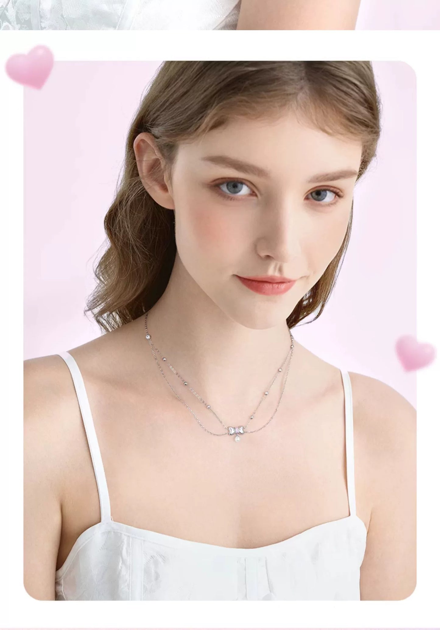 Bow Pearl Double Chain 925 Sterling Silver Necklace