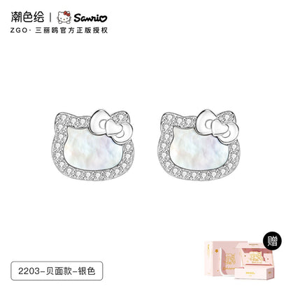 Hello Kitty Pearl Shell 925 Sterling Silver Stud Earrings