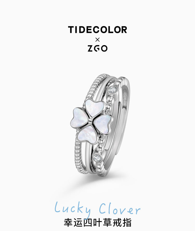 Lucky Four-Leaf Clover Pearl Shell 925 Sterling Silver Rings Set