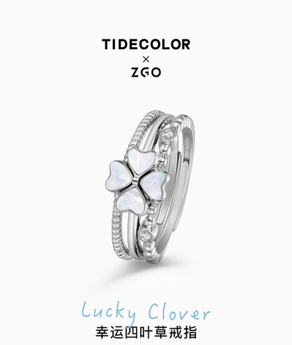 Lucky Four-Leaf Clover Pearl Shell 925 Sterling Silver Rings Set