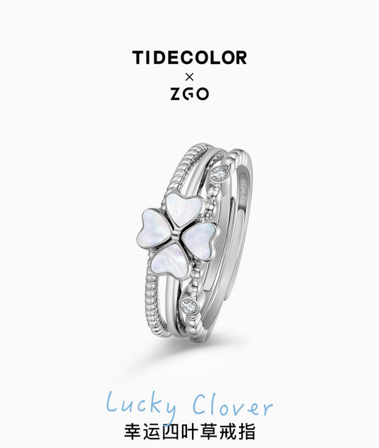 Lucky Four-Leaf Clover Pearl Shell 925 Sterling Silver Rings Set