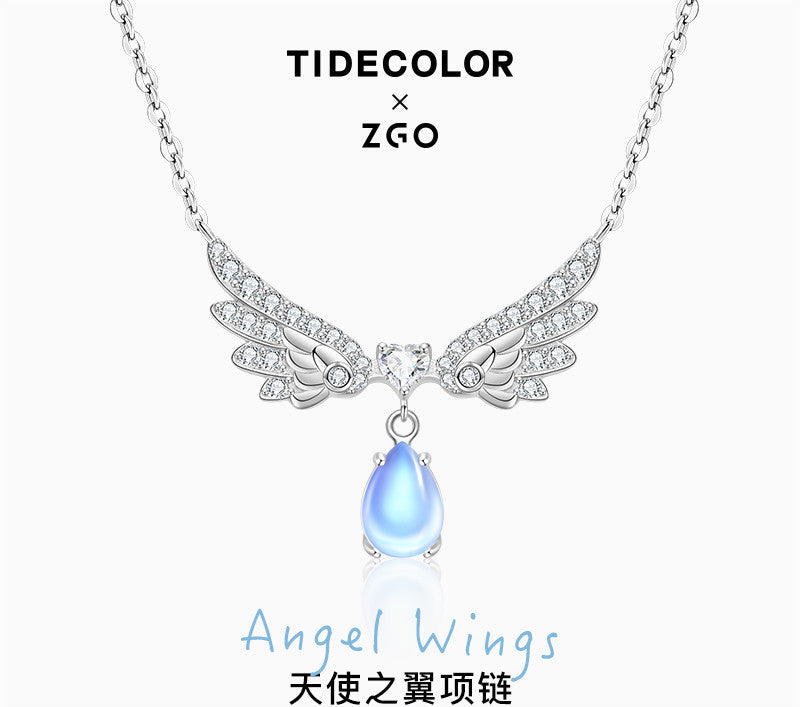 Angel's Wings Water Droplet Moonstone 925 Sterling Silver Necklace
