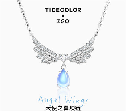 Angel's Wings Water Droplet Moonstone 925 Sterling Silver Necklace