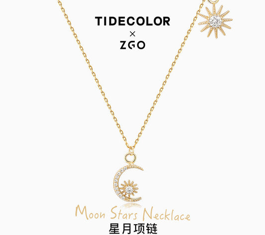 Moon & Stars Zircon 925 Sterling Silver Necklace
