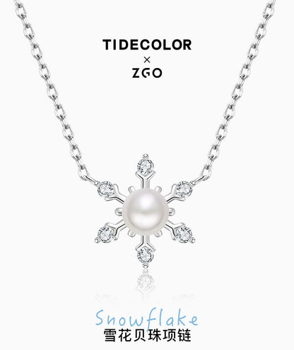 Christmas Snowflake Pearl 925 Sterling Silver Necklace