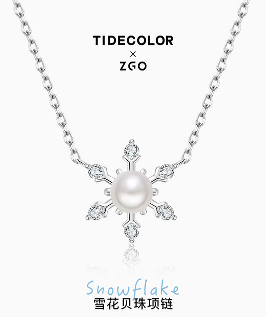 Christmas Snowflake Pearl 925 Sterling Silver Necklace