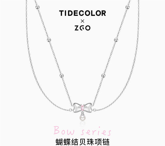 Bow Pearl Double Chain 925 Sterling Silver Necklace