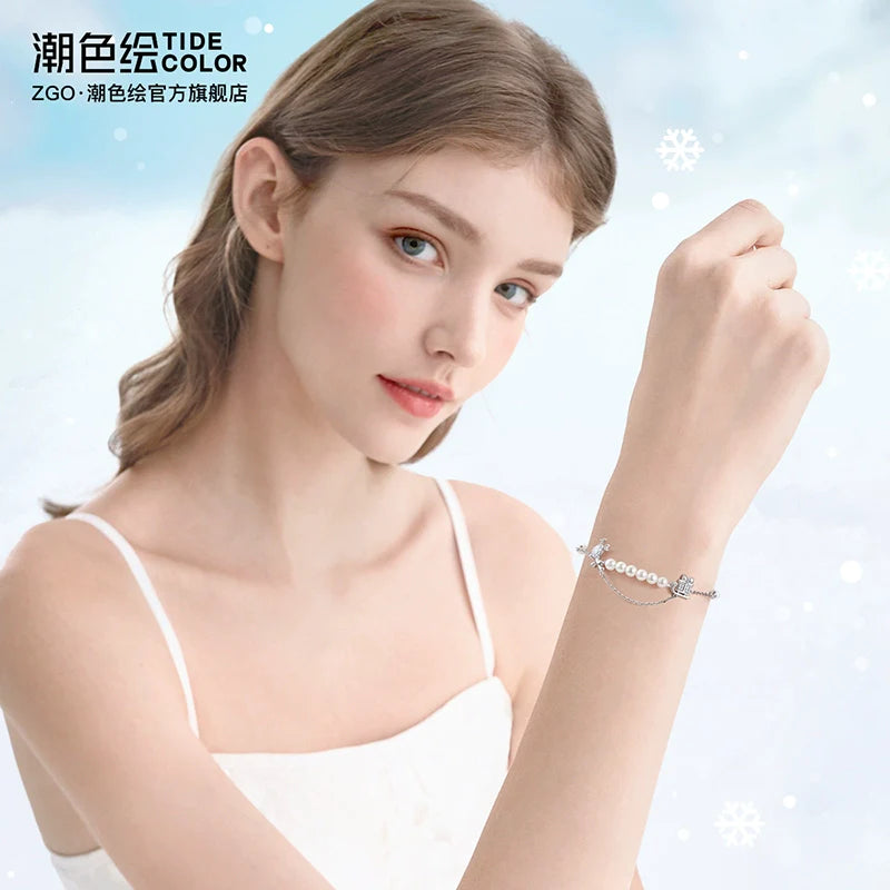 Christmas Reindeer Pearl 925 Sterling Silver Bracelet