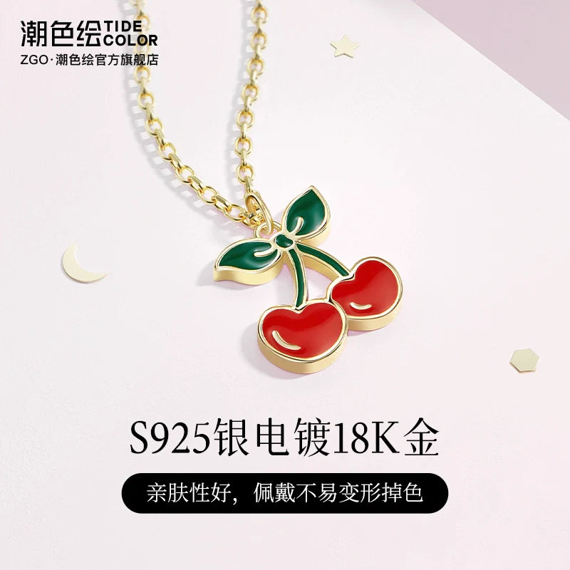 Red Cherry 18K Gold Plated 925 Sterling Silver Necklace