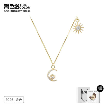 Moon & Stars Zircon 925 Sterling Silver Necklace