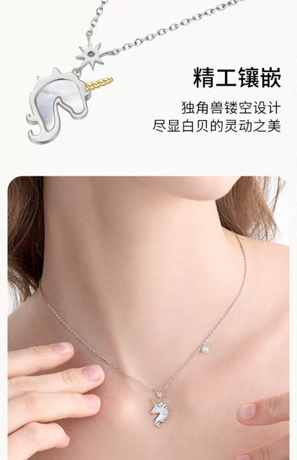 Unicorn 925 Sterling Silver Zircon Pearl Necklace