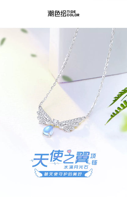 Angel's Wings Water Droplet Moonstone 925 Sterling Silver Necklace