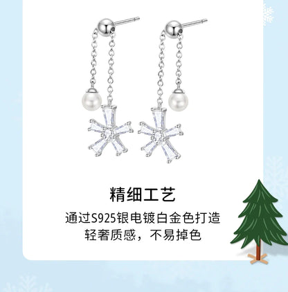 Christmas Snowflake Pearl 925 Sterling Silver Earrings