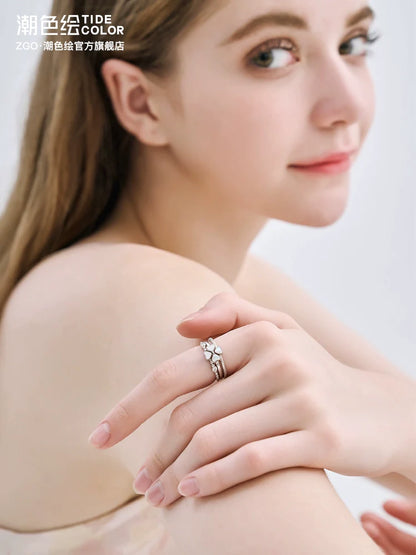 Lucky Four-Leaf Clover Pearl Shell 925 Sterling Silver Rings Set