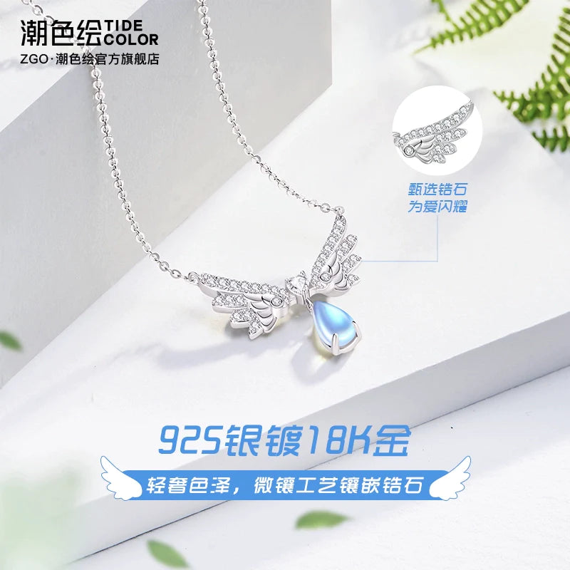 Angel's Wings Water Droplet Moonstone 925 Sterling Silver Necklace