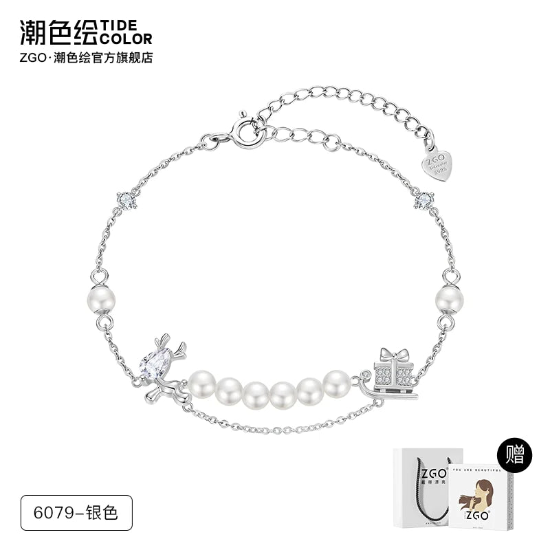 Christmas Reindeer Pearl 925 Sterling Silver Bracelet