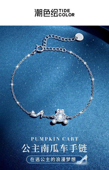 Pumpkin Carriage Crystal Shoe 925 Sterling Silver Bracelet