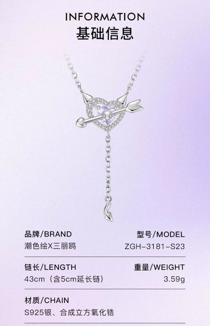 Kuromi Purple Heart & Arrow 925 Sterling Silver Necklace