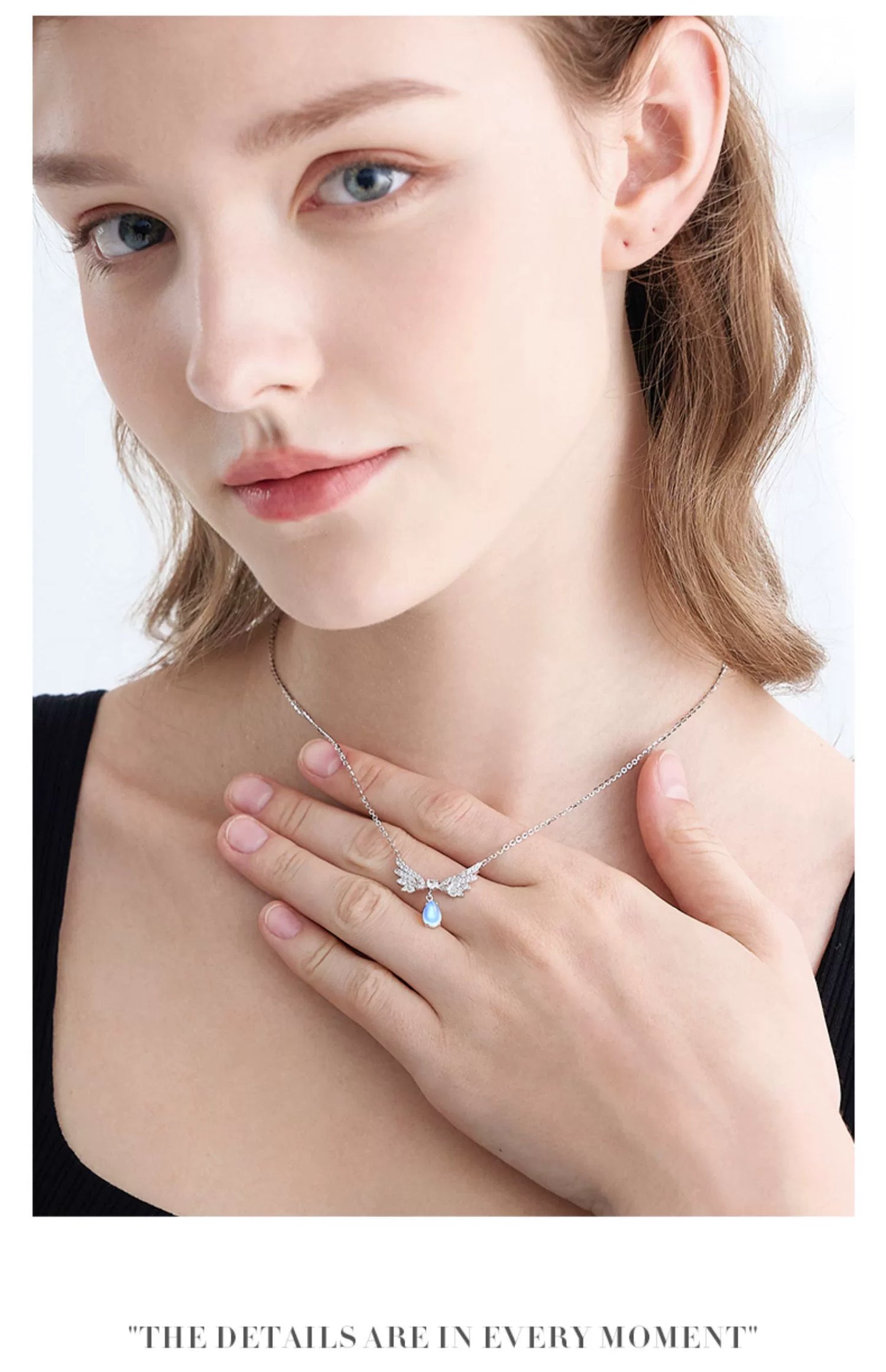 Angel's Wings Water Droplet Moonstone 925 Sterling Silver Necklace