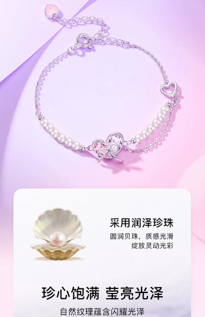 Butterfly Heart Bow 925 Sterling Silver Pearl Zircon Bracelet