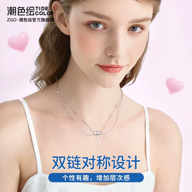 Bow Pearl Double Chain 925 Sterling Silver Necklace