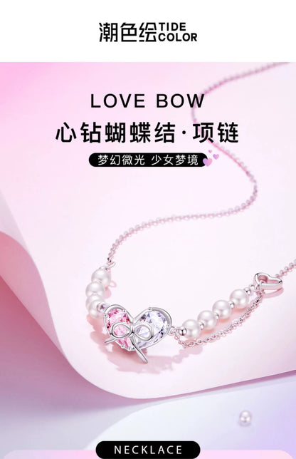 Butterfly Love Bow 925 Sterling Silver Pearl Necklace