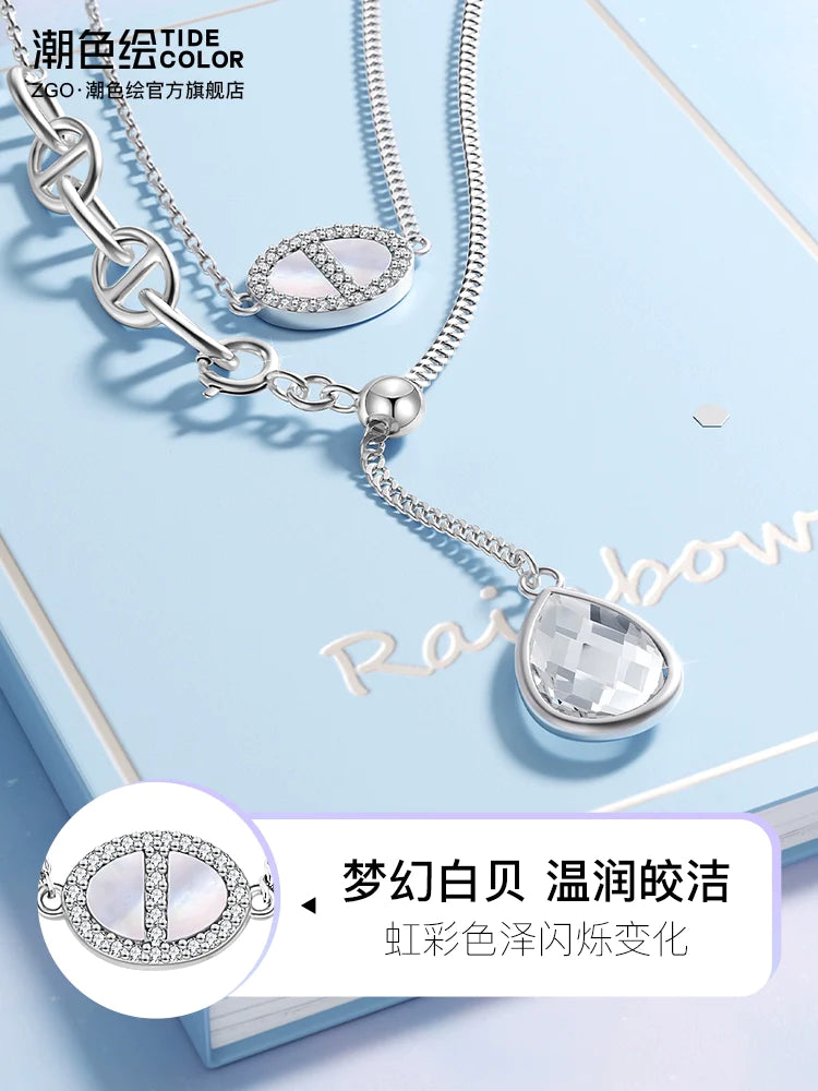 Water Droplet Ring Buckle Double Chain 925 Sterling Silver Necklace