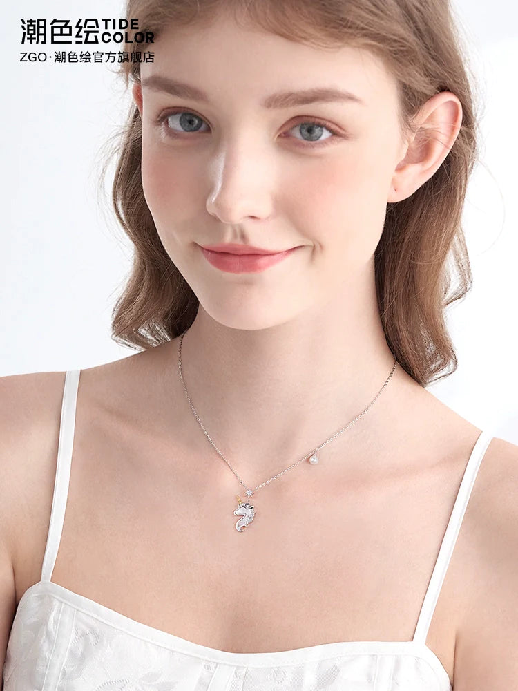 Unicorn 925 Sterling Silver Zircon Pearl Necklace