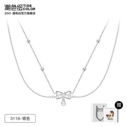 Bow Pearl Double Chain 925 Sterling Silver Necklace