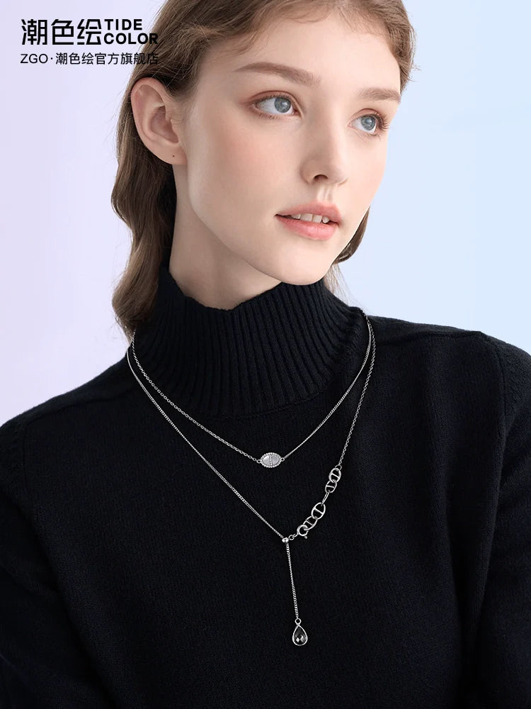Water Droplet Ring Buckle Double Chain 925 Sterling Silver Necklace