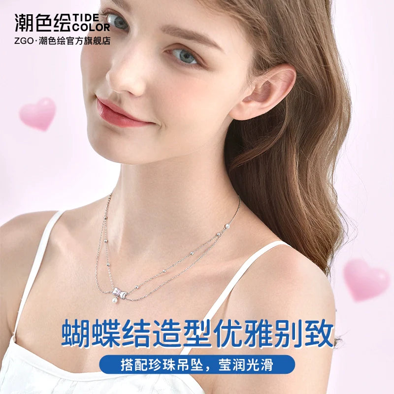 Bow Pearl Double Chain 925 Sterling Silver Necklace