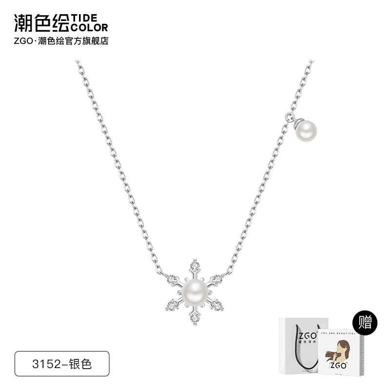 Christmas Snowflake Pearl 925 Sterling Silver Necklace