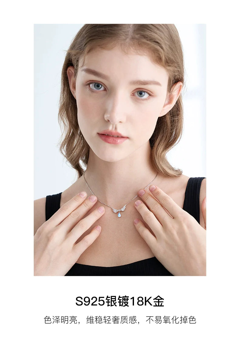 Angel's Wings Water Droplet Moonstone 925 Sterling Silver Necklace