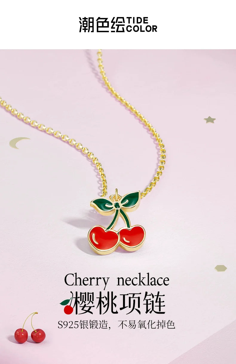 Red Cherry 18K Gold Plated 925 Sterling Silver Necklace