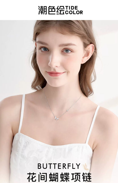 Butterfly Flower Zircon 925 Sterling Silver Necklace