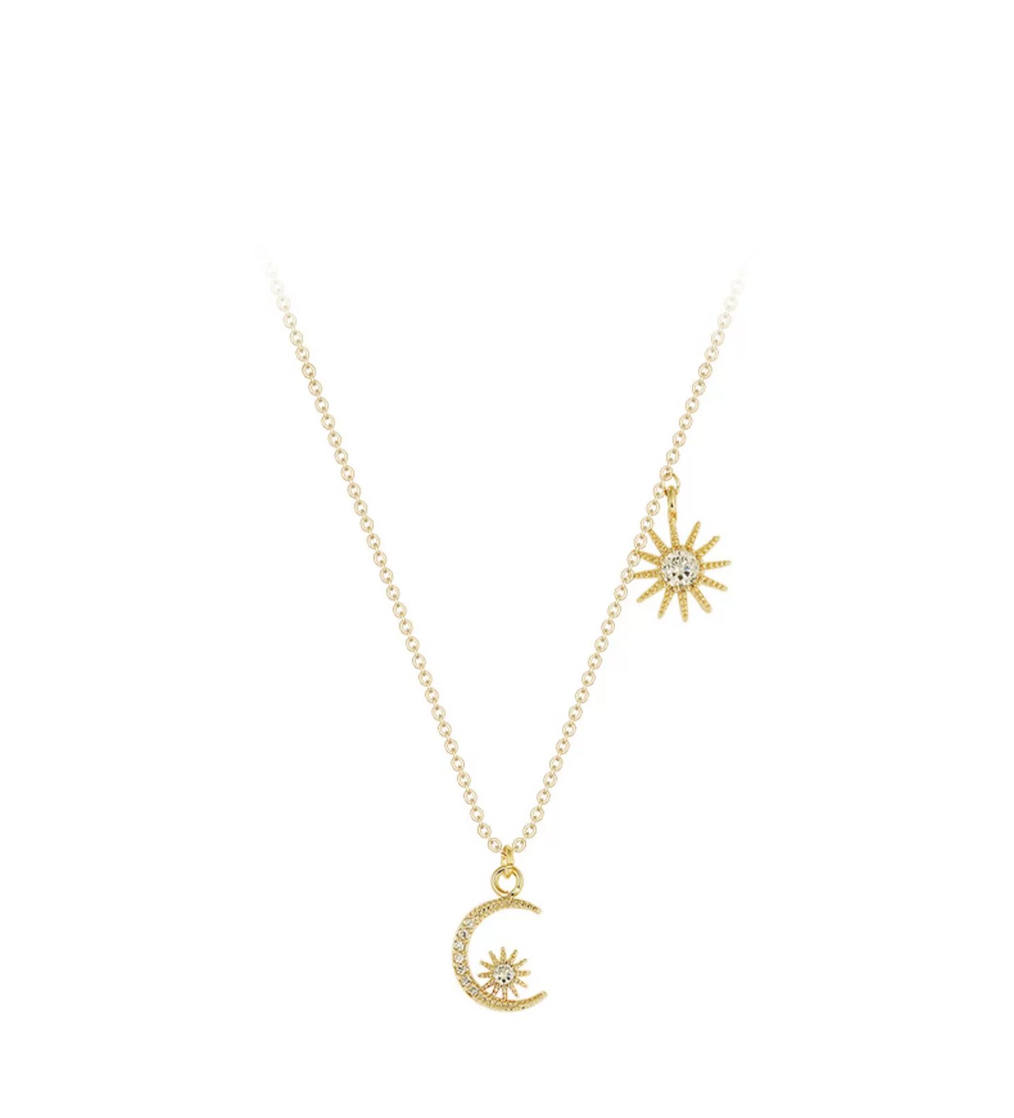 Moon & Stars Zircon 925 Sterling Silver Necklace