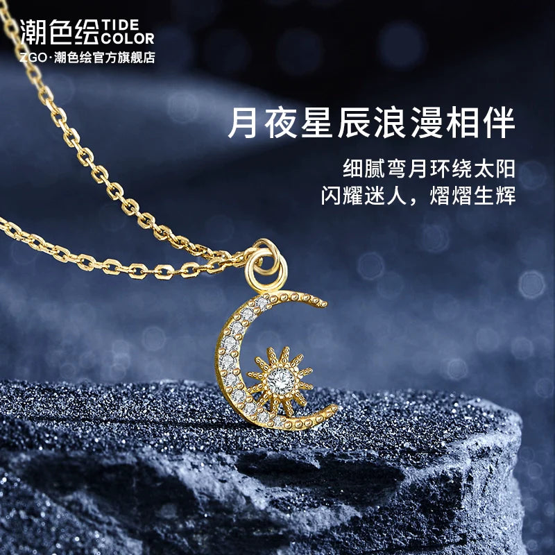 Moon & Stars Zircon 925 Sterling Silver Necklace