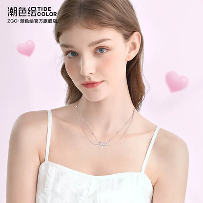Bow Pearl Double Chain 925 Sterling Silver Necklace