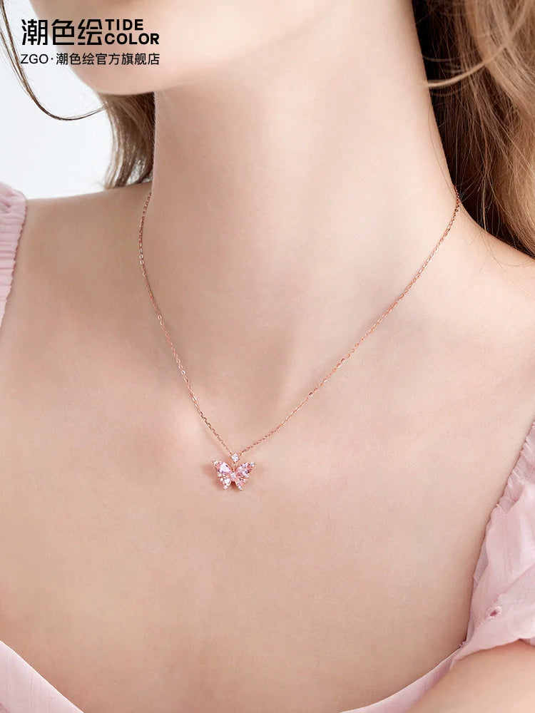 Rose Quartz Butterfly18K Gold Plated 925 Sterling Silver Necklace