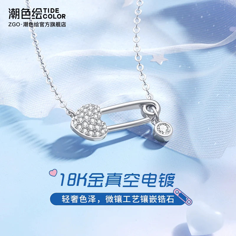 Pin & Heart Zircon 925 Sterling Silver Necklace