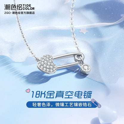 Pin & Heart Zircon 925 Sterling Silver Necklace