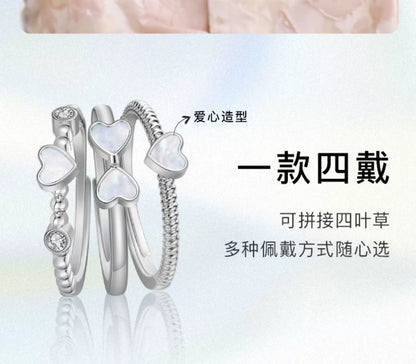 Lucky Four-Leaf Clover Pearl Shell 925 Sterling Silver Rings Set