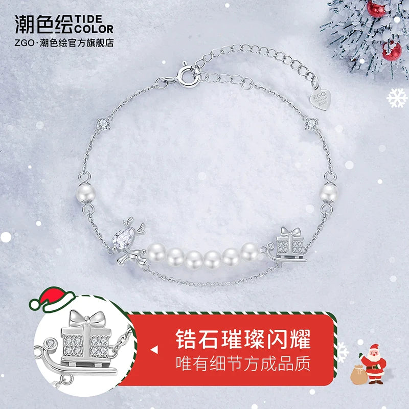 Christmas Reindeer Pearl 925 Sterling Silver Bracelet