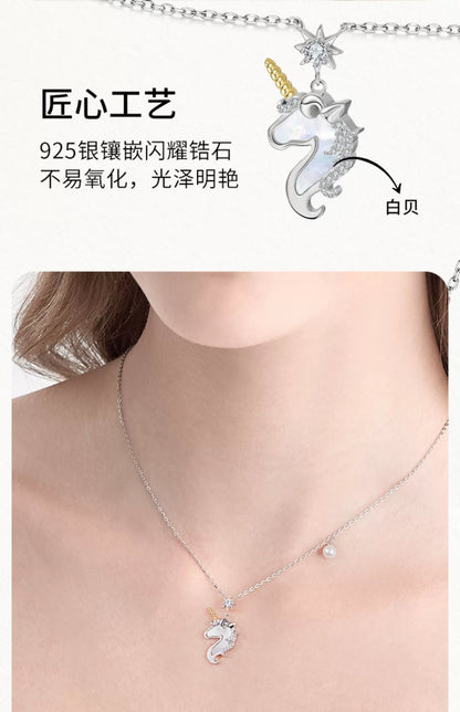 Unicorn 925 Sterling Silver Zircon Pearl Necklace
