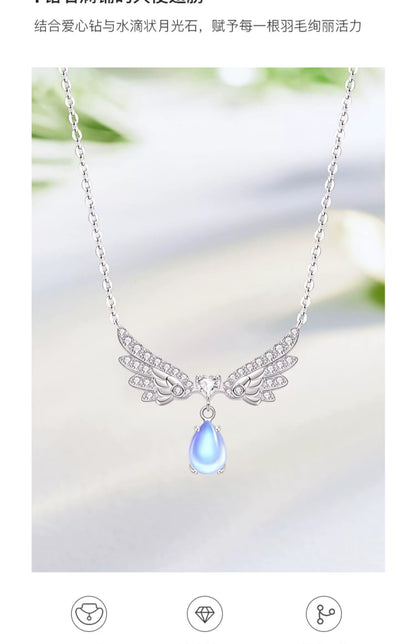 Angel's Wings Water Droplet Moonstone 925 Sterling Silver Necklace
