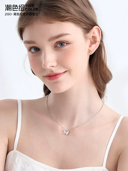 Flying Butterfly Pearl Shell 18K Platinum Gold Plated 925 Sterling Silver Necklace