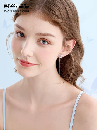 Butterfly Tassel Zircon Pearl Shell 925 Sterling Silver Earrings